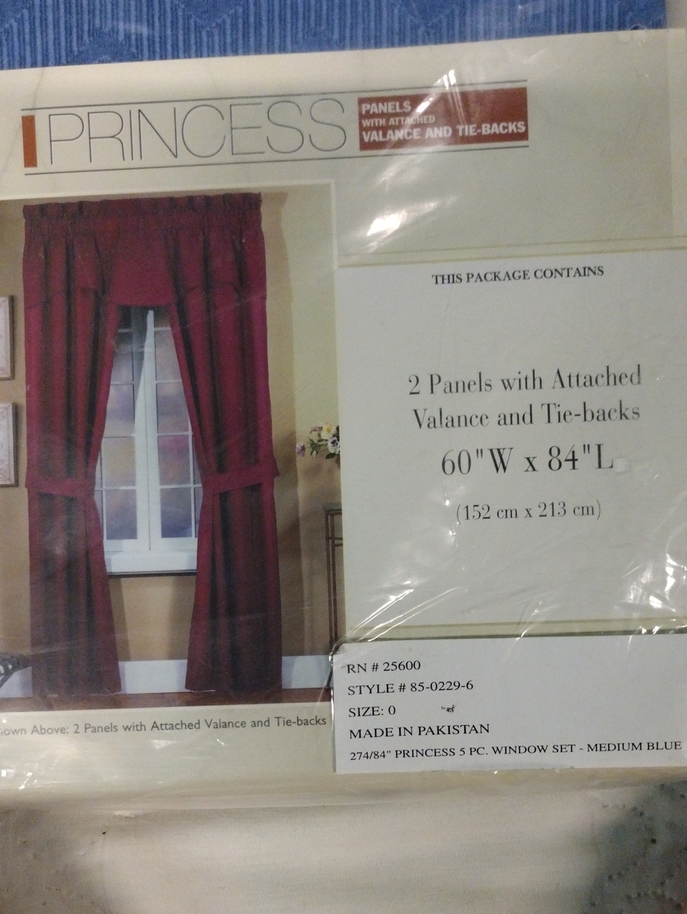 Princess Medium Blue Curtain Set with Valance and Tie-Backs